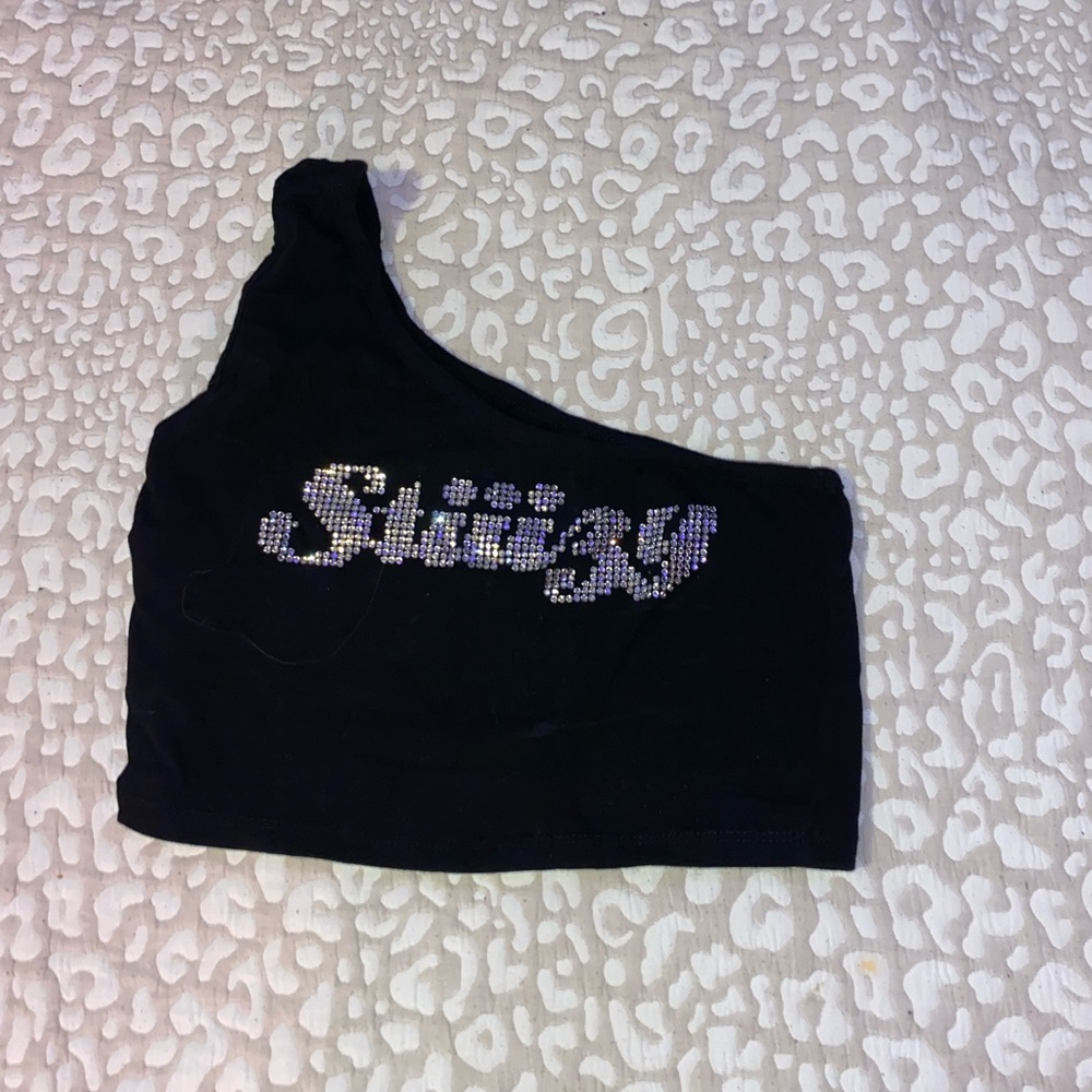 Black Bedazzled “Stiiizy” one shoulder strap crop top